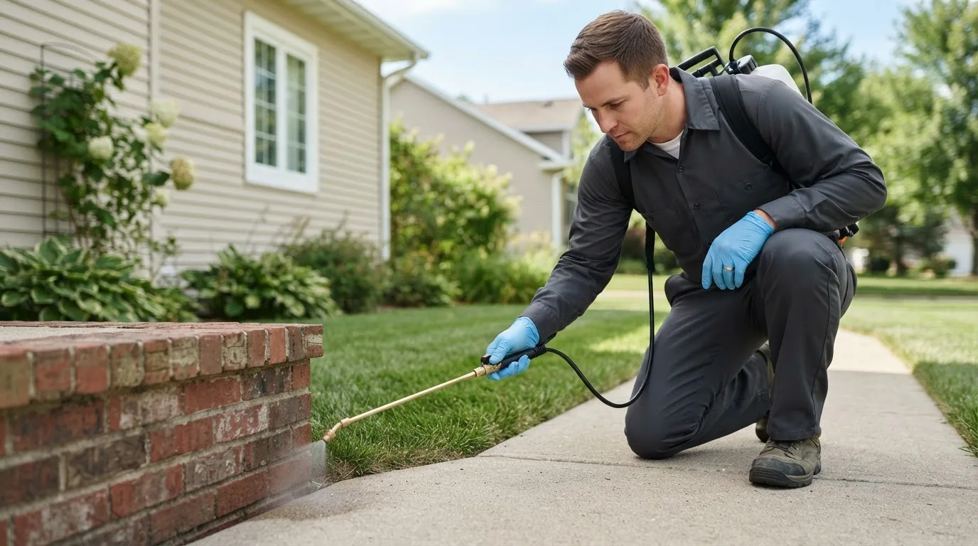 Pest control technician treating a home near Prairie City, IL
