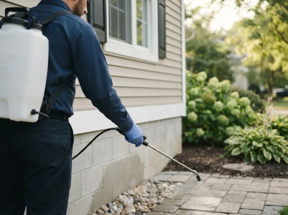 Pest control technician inspecting a home in Prairie City, IL